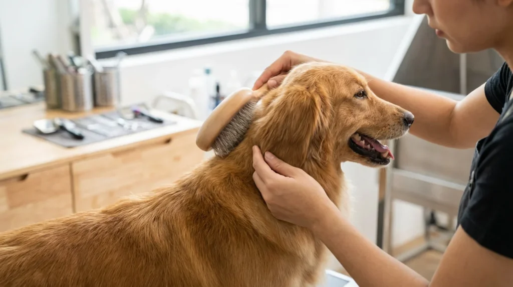 Groomer sprawdza siersc psa