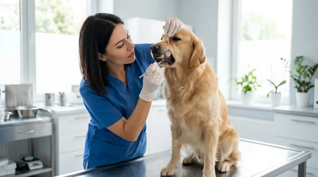 Weterynarz bada zeby retrievera