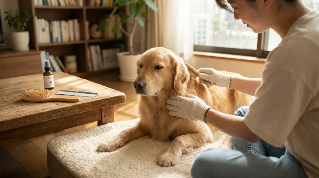 Czesanie golden retrievera mata