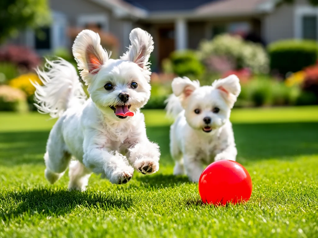 Dwa biale psy gonie czerwona pilke ogrod