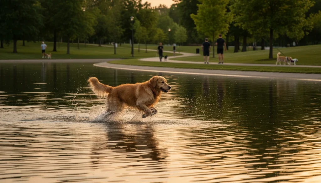 Pies biegnie przez wode