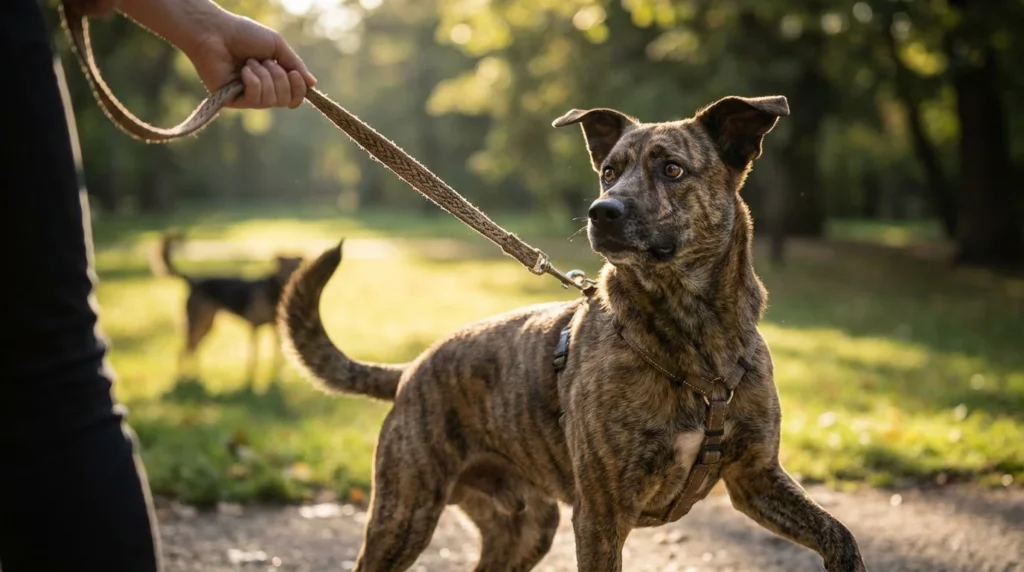 Pies ciagnie smycz park