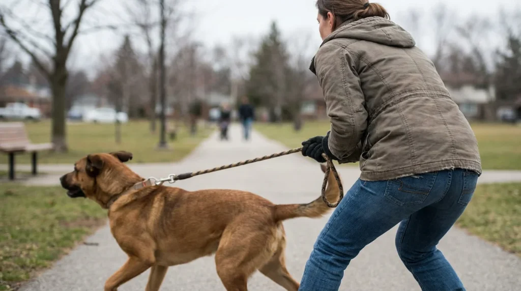 Pies ciagnie smycz spacer