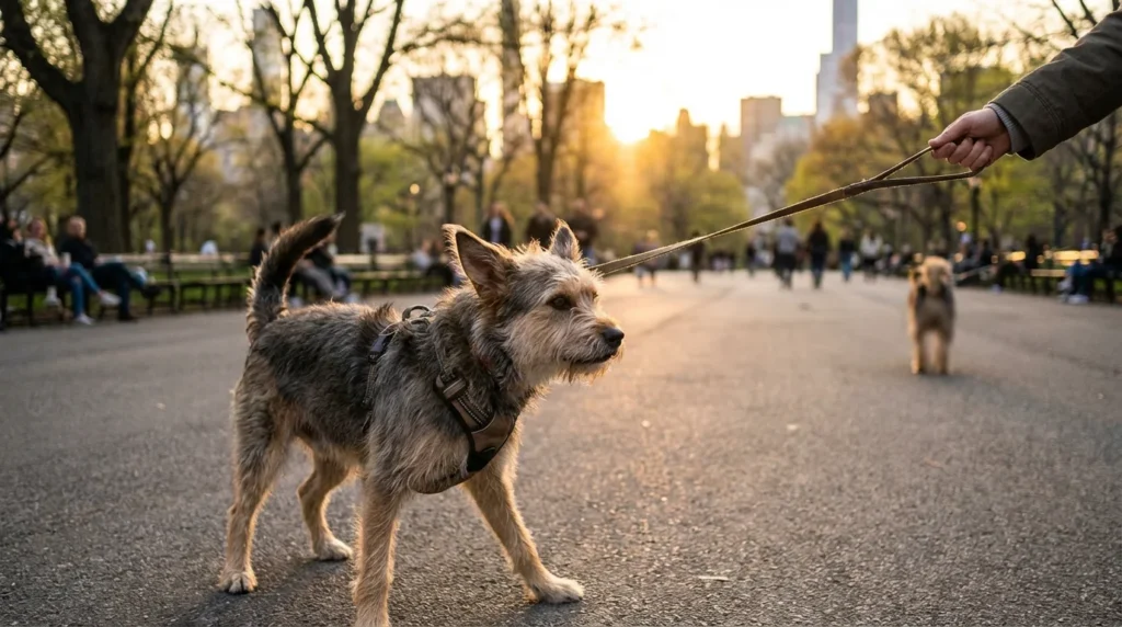 Pies na smyczy w parku