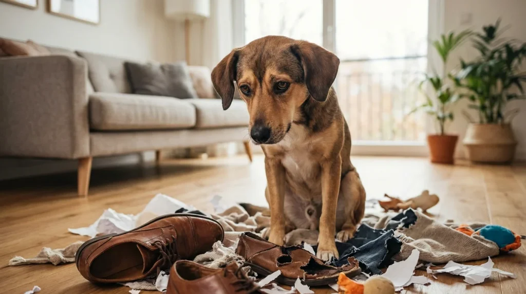 Pies zniszczone rzeczy salon