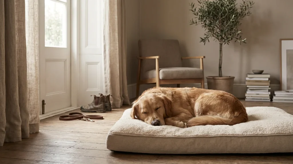 Piesek spi w minimalistycznym wnetrzu