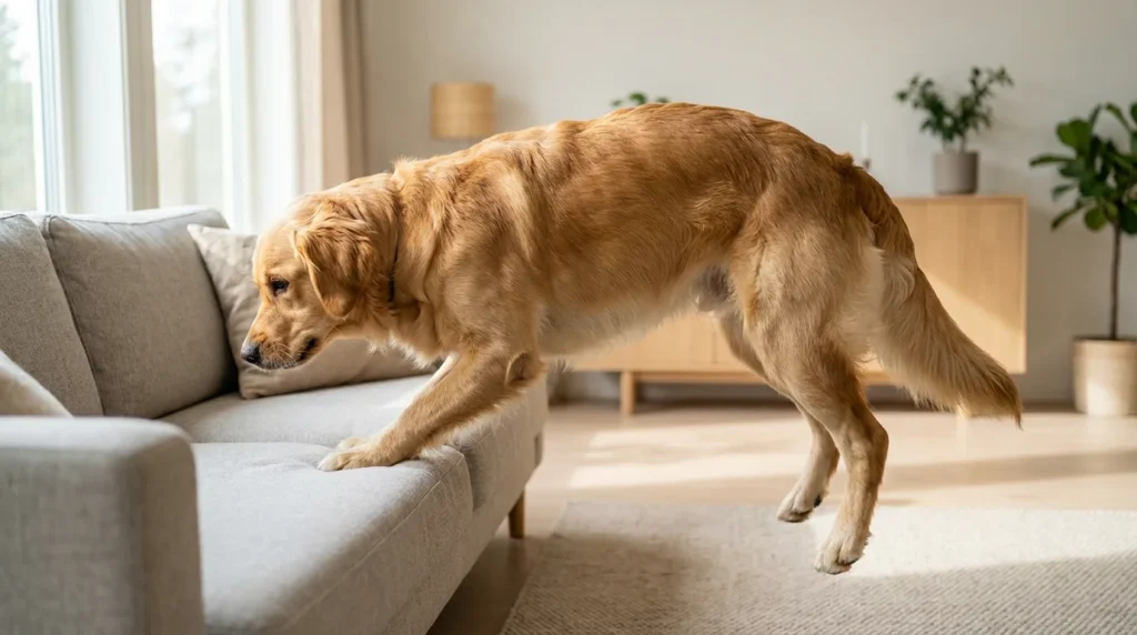 Skaczacy retriever skandynawski salon