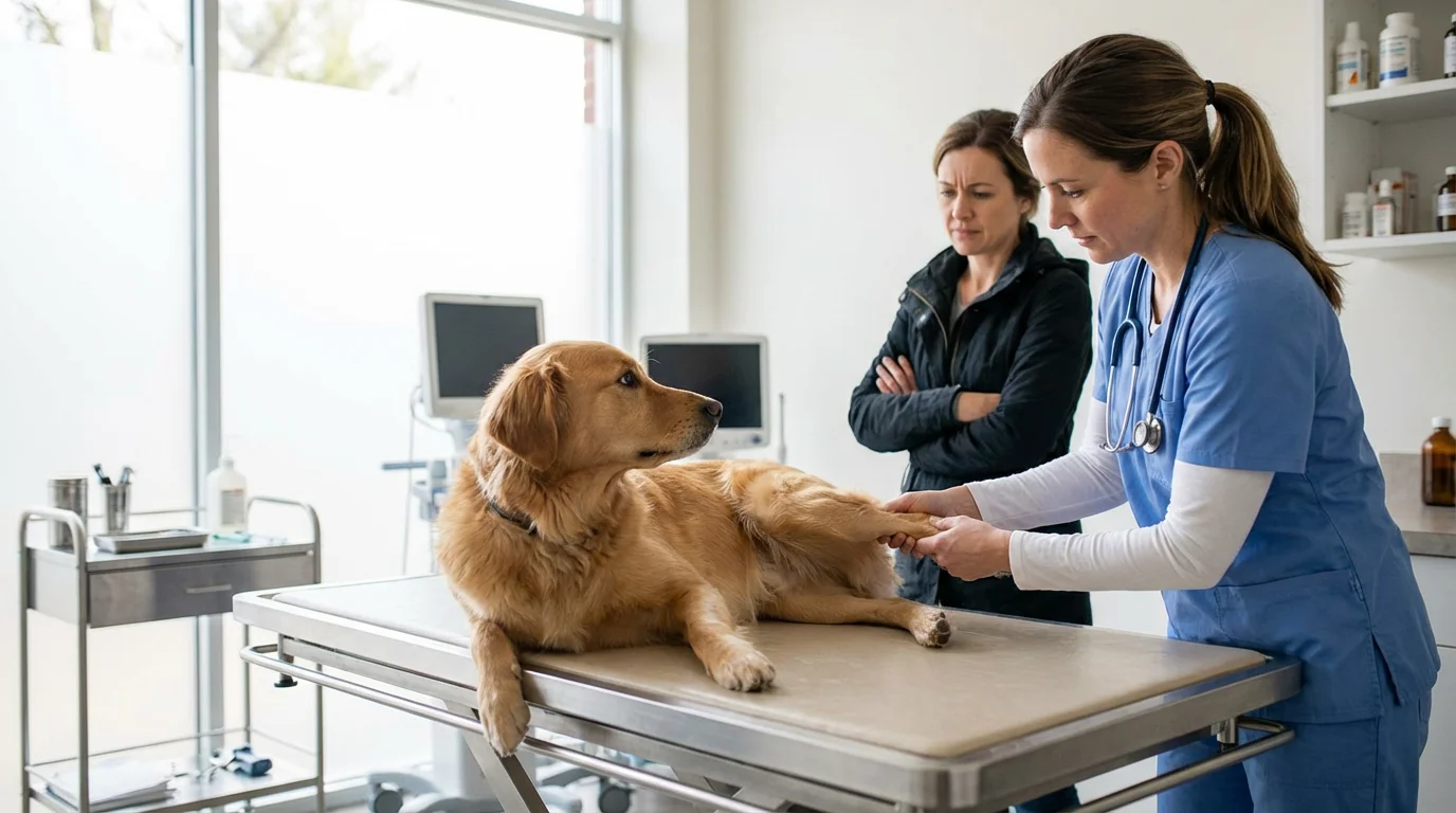 Weterynarz bada psa biodra