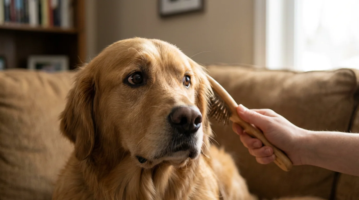 Zaniepokojony golden retriever szczotka
