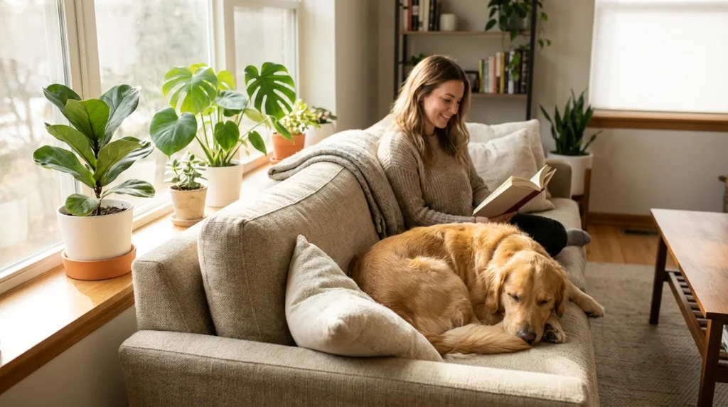 Zloty retriever na kanapie